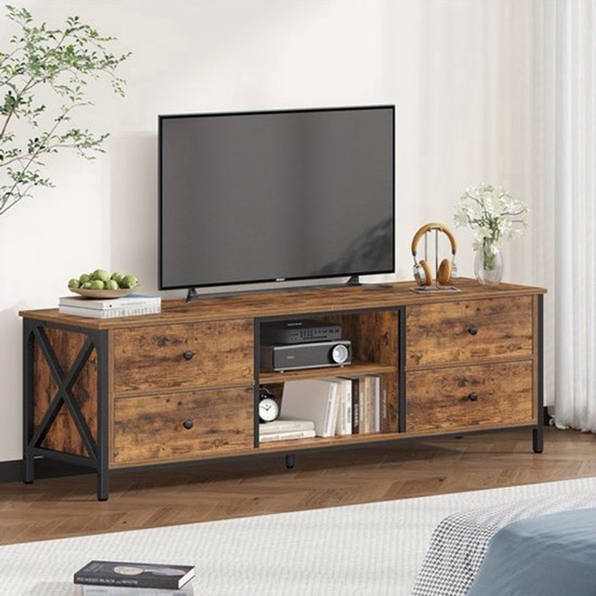 Tv Kast – Tv Meubel – Mediakast – Tv Dressoir – Tv Stand – Vintage Bruin-Zwart – 4 Laden – Open Vakken – Hout & Staal – 147x50x40 cm