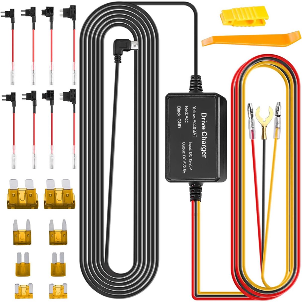 Bedradingsset voor dashcam - Onderspanningsbeveiliging - 12V/24V naar 5V - USB-C-aansluiting - Compact en draagbaar - Autostroomkabel