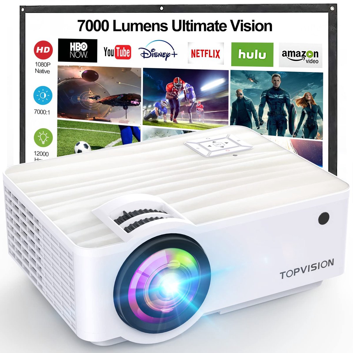 SnelShoppen - Mini Beamer 9500 Lumen, Multimedia Thuisbioscoop Beamer met Bluetooth 5.1, Native 1080p, 100 Inch Scherm, HDMI, USB, AV, Smartphone, Pad