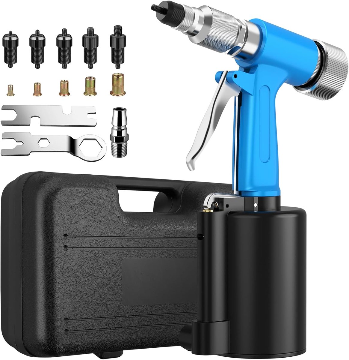 SnelShoppen - Pneumatische Rivet Nut Pliers Set - Compressed Air Rivet Gun met M4, M5, M6, M8, M10 Mandrels en 100 Stuks Rivet Nuts in Robuste Opbergd