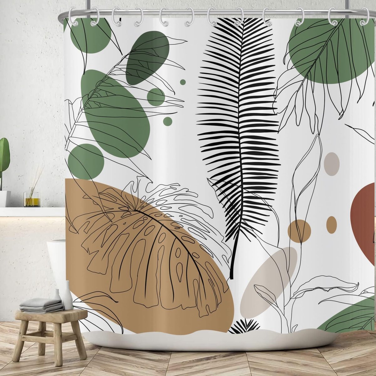 SnelShoppen - Boho Style Douchegordijn 180 x 200 cm Modern Abstract Art Bladeren Zwart Groen Bruin Wit Wasbaar Polyester Waterdicht met 12 Haakjes