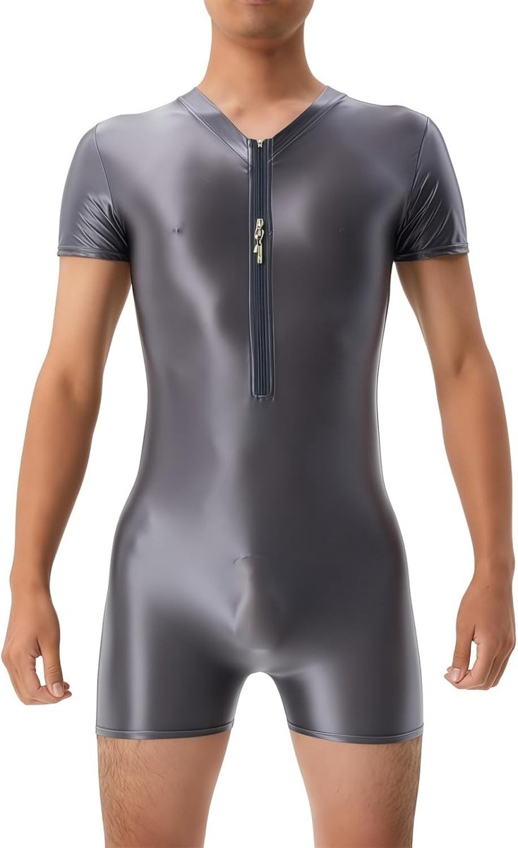 Olieachtige Glitter Effect Bodysuit met Korte Mouwen en Rits voor Sporten, Naadloze en Elastische Jumpsuit voor Casual Gebruik