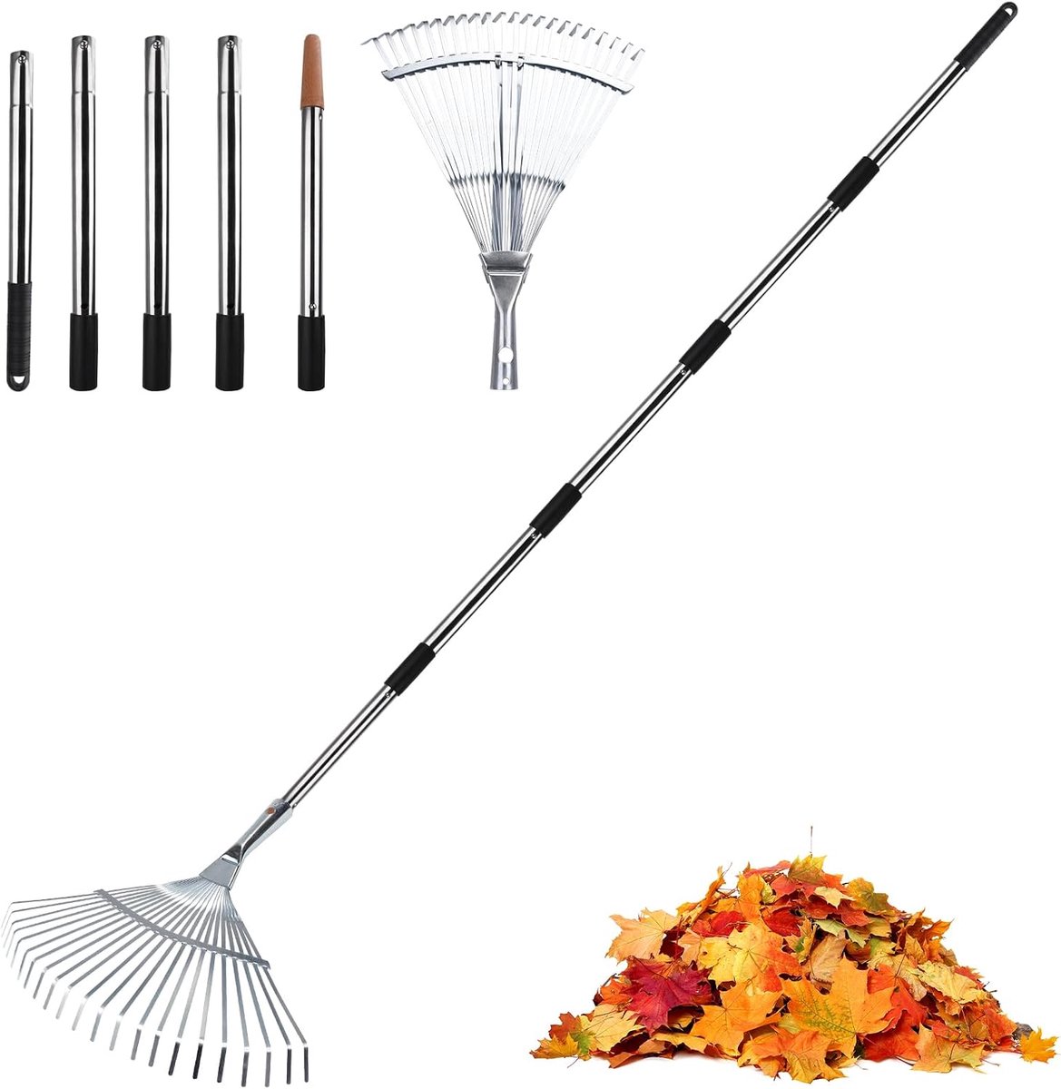 SnelShoppen - Tuinhark 22 tanden 86-175 cm Verstelbare Hark met 5-delige Verwijderbare Steel voor Tuin, Gazon, Kunstgras, Robuust en Roestbestendig