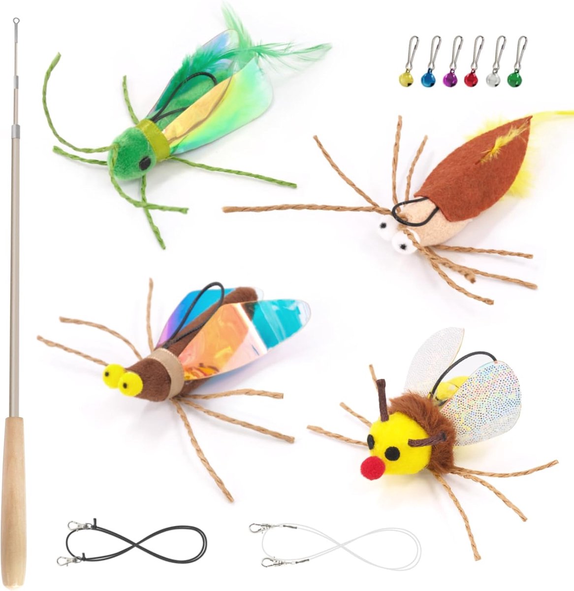 Kattenhengel Speelgoed - Insecten Vangers - Spelen Met Kat - Verstelbare Hengel - 4 Vrolijke Insecten - Multicolor