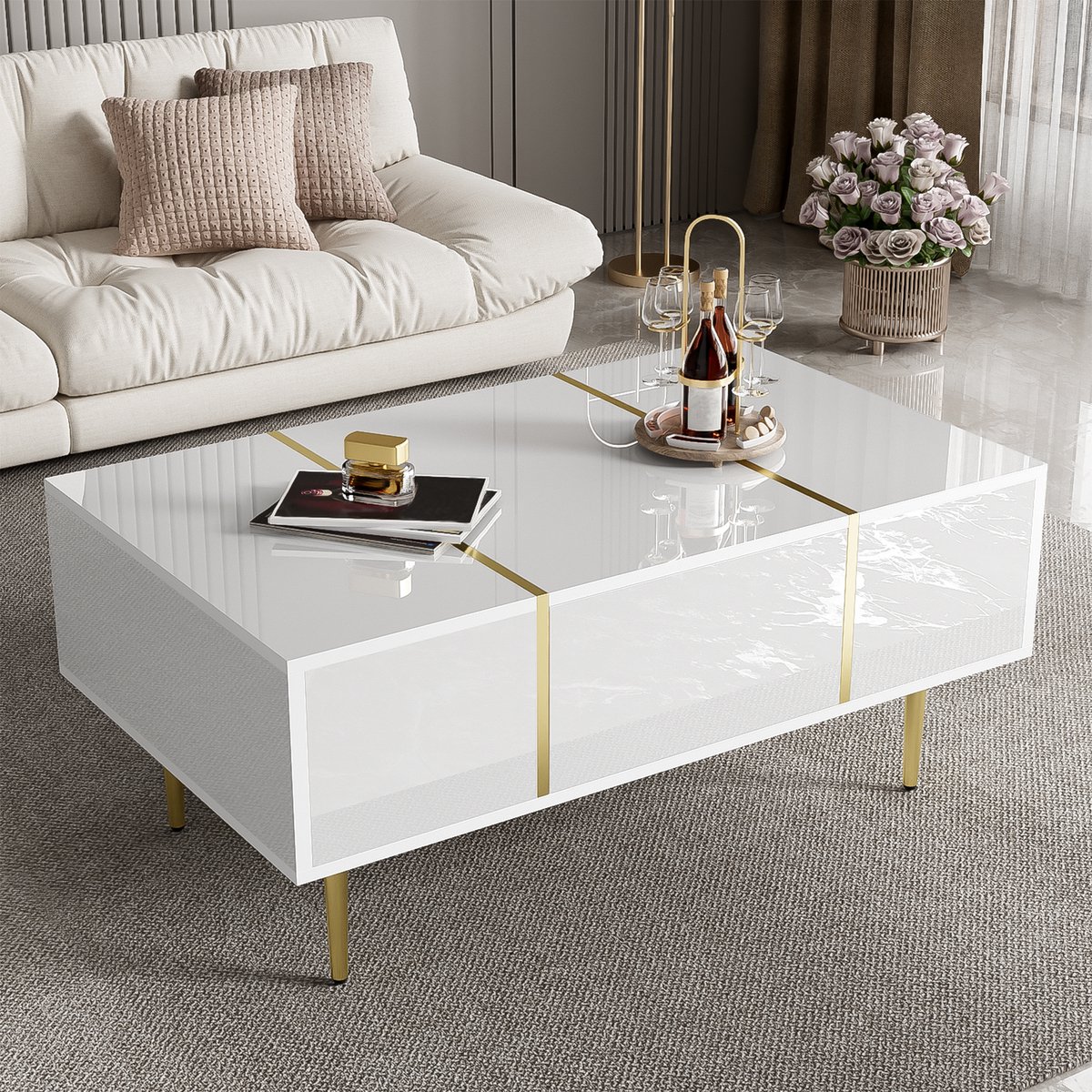COVREO Salontafel 100 x 60 x 41,5 cm - wit hoogglans, 2 lades, MDF en metalen details