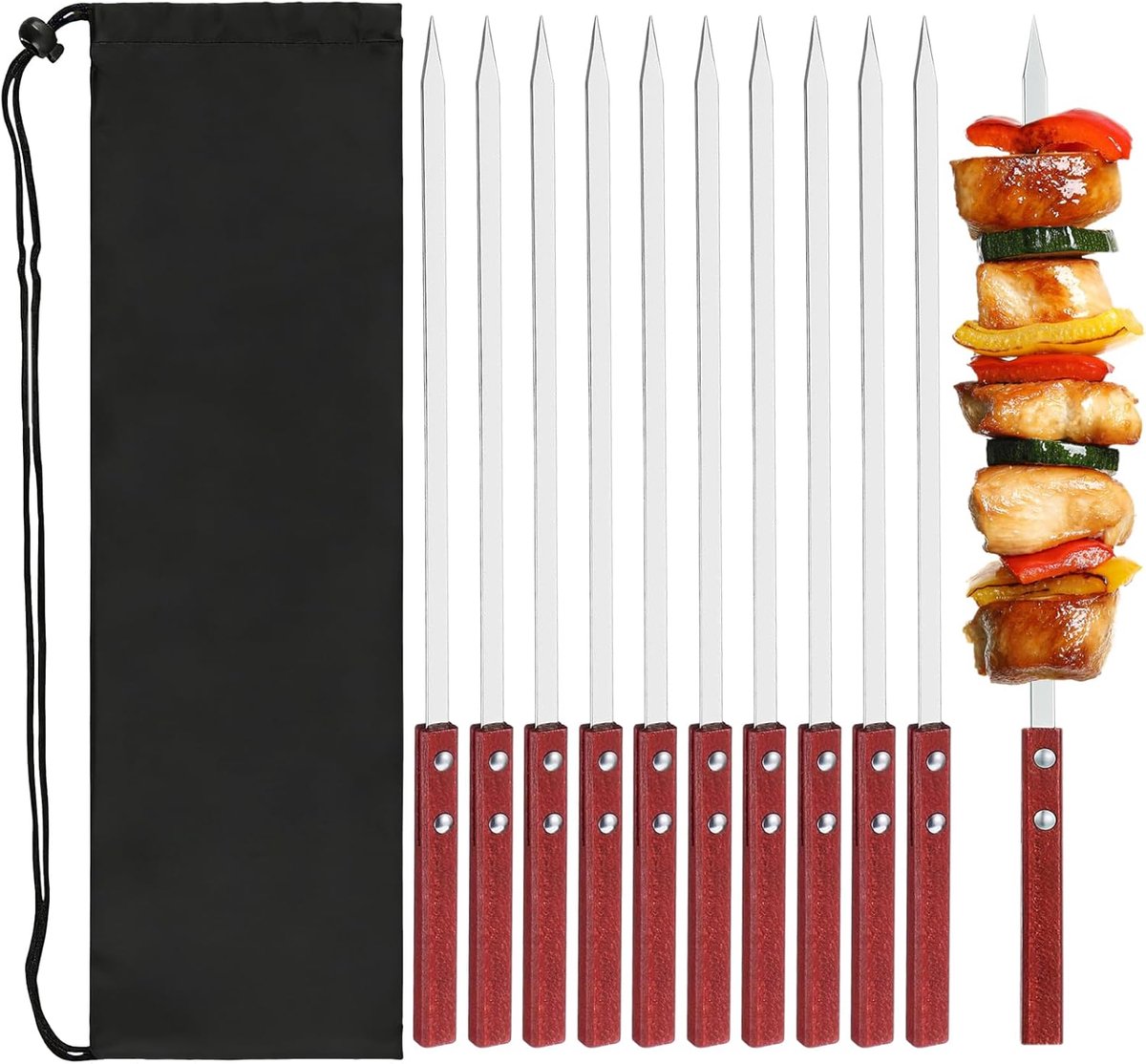 SnelShoppen - Pack van 10 Grillspiesen 40 cm met Hittebestendige Houten Handgreep, Herbruikbare Grillspiesen, BBQ Accessoires met Tas, Multifunctionel