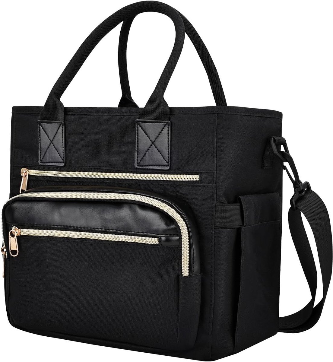 SnelShoppen - Grote geïsoleerde lunchtas voor vrouwen, lekvrije lunchbox met schouderriem en bekerhouder, koeltas voor kantoor, picknick, strand, zwar