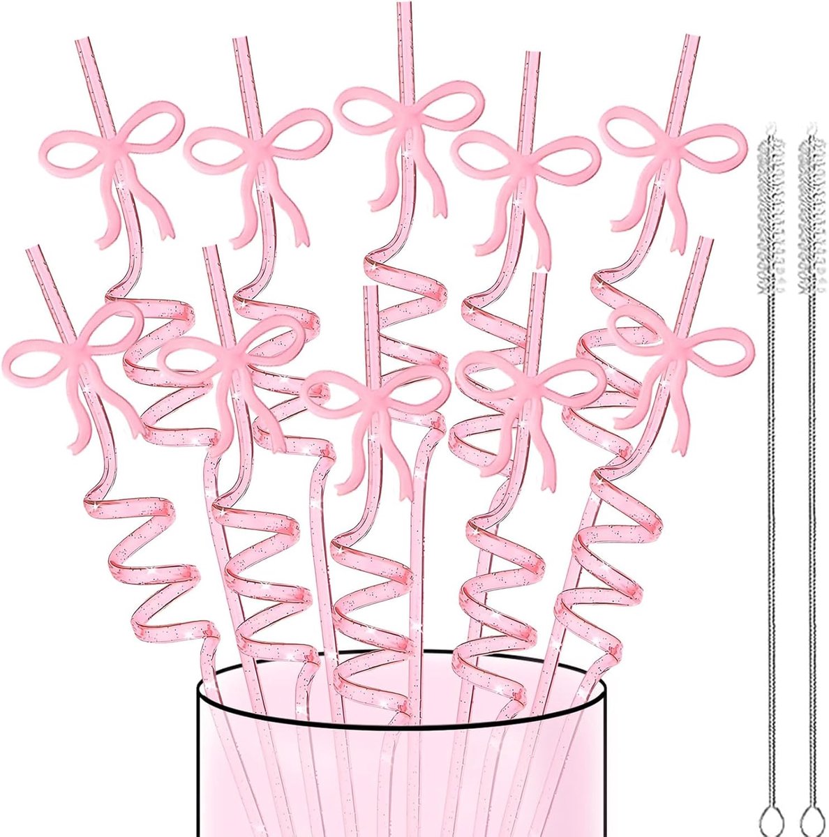 SnelShoppen - 24 Stuks Roze Strikken Rietjes, Herbruikbare Shiny Plastic Rietjes voor Vrouwen en Meisjes, Feest, Verjaardag, Bruiloft, Babyshower, Val