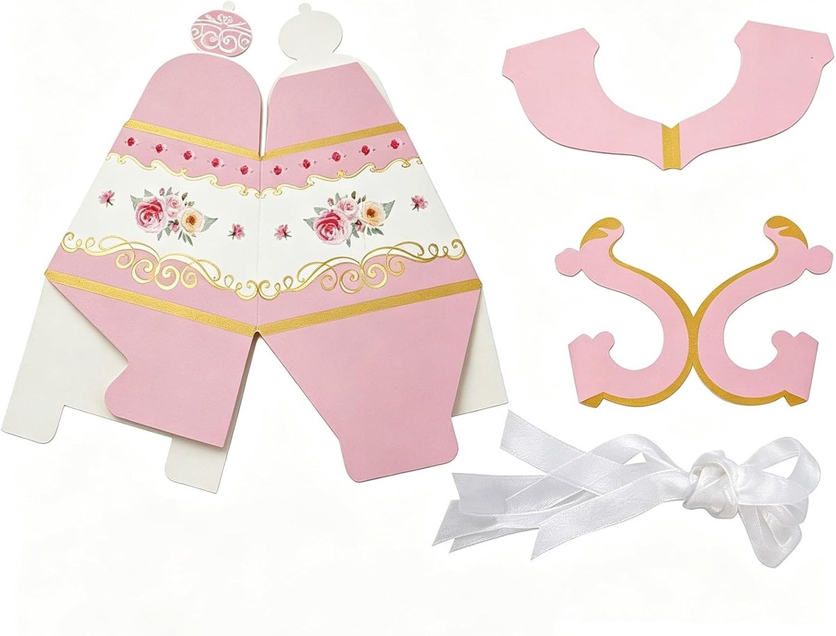 SnelShoppen - 30 Stuks Snoepdozen Theekanvorm, Bruiloftsgunstdoos Wit Karton met Roze Vintage Bloemenprint en Satijnen Lint voor Gasten, Perfect voor