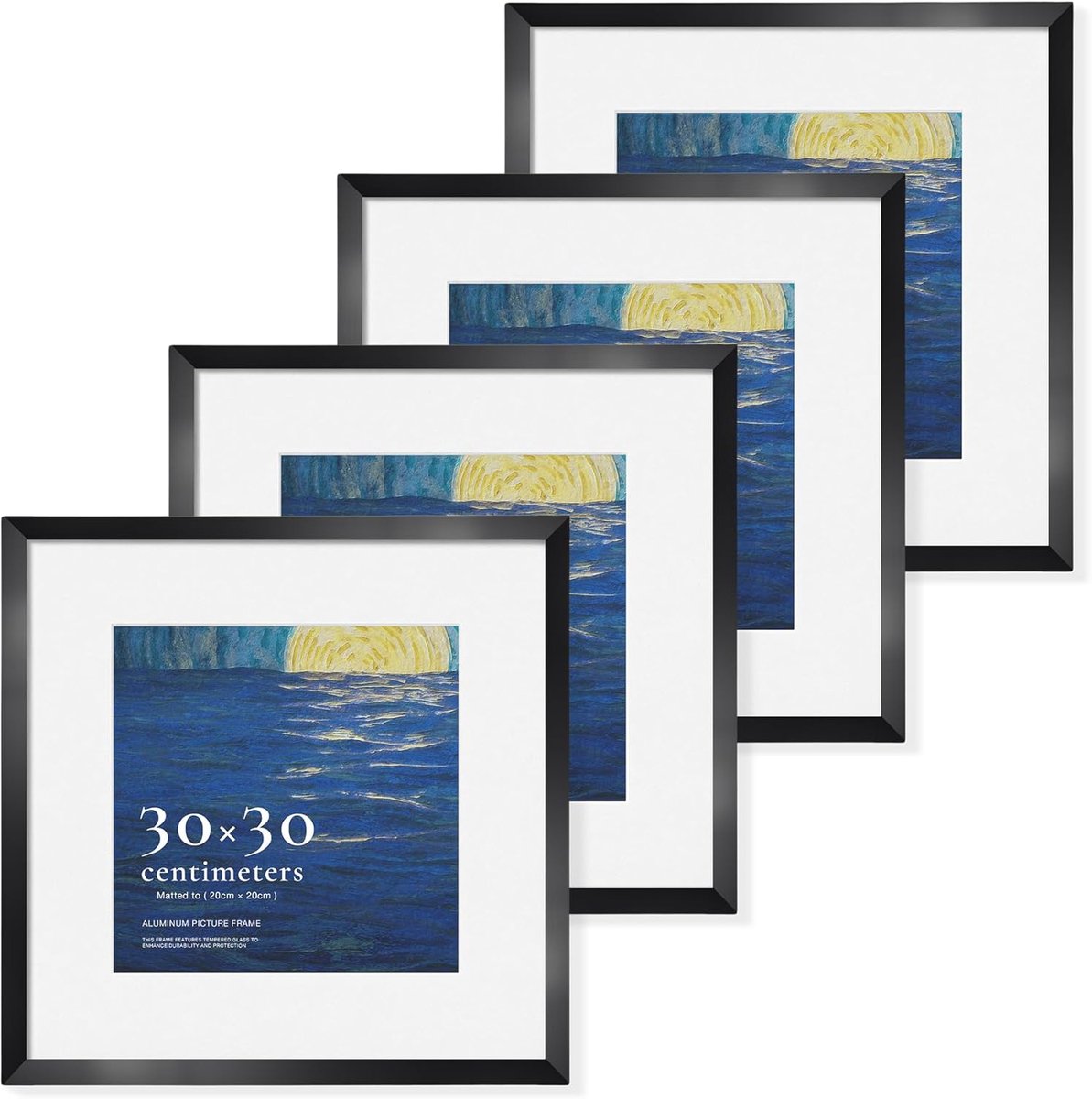 SnelShoppen - Picture frame 30x30 cm vierkant aluminium geborsteld zwart met veiligheidsglas en passe-partout voor 20x20 cm foto's, set van 4