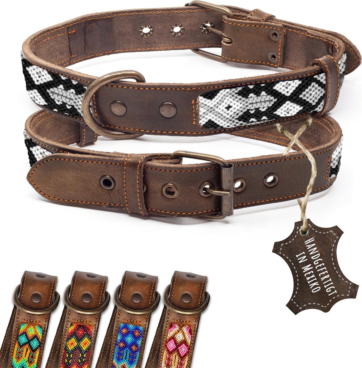 SnelShoppen - Hondenhalsband Leer, Dubbel Tribaal Borduurwerk, Zwart/Wit Bruin, Hoogwaardige Afwerking, Handgemaakt in Mexico, Maat L, Hondenhalsband