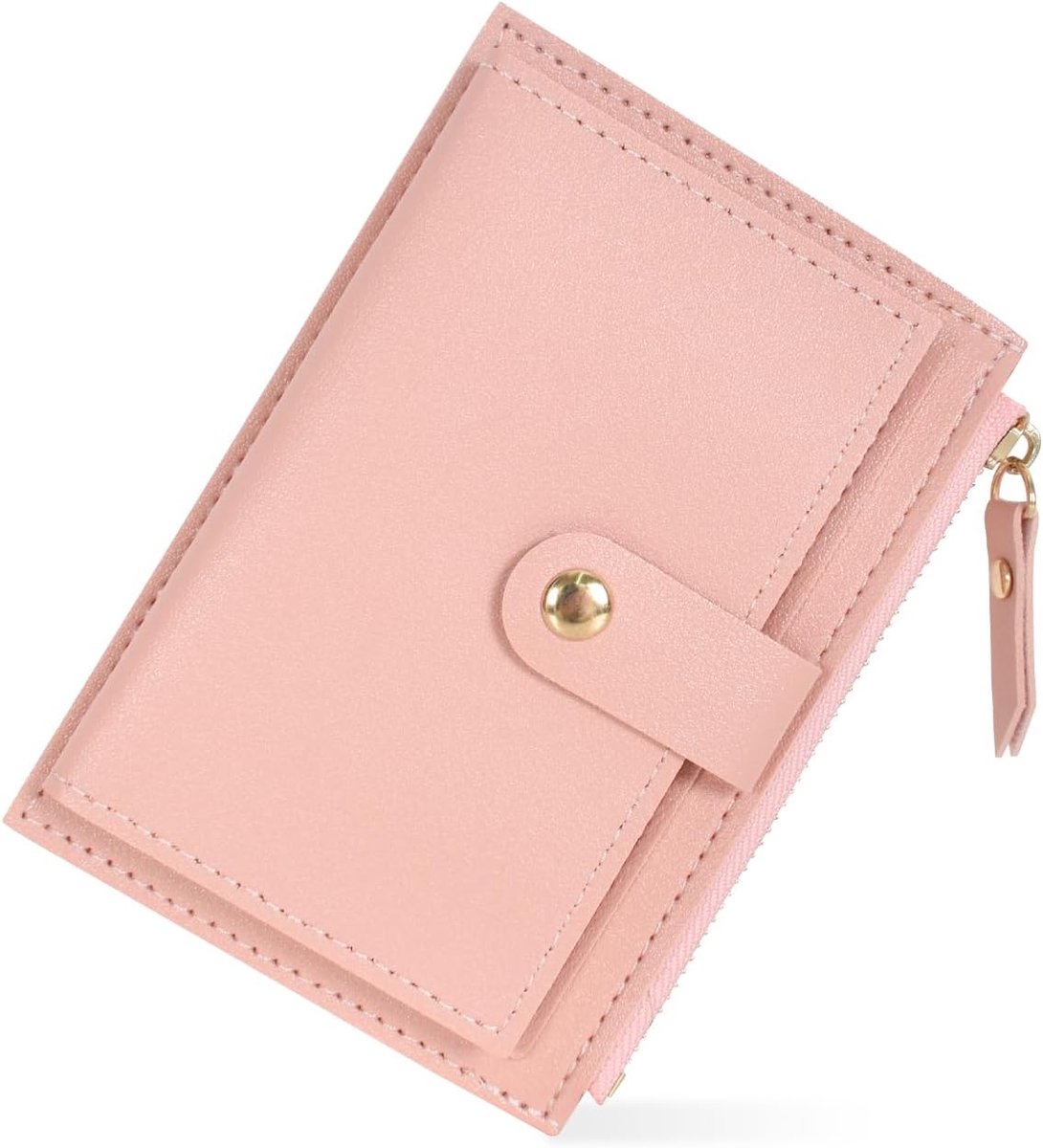 SnelShoppen - Dames Portemonnee Klein PU Leer Korte Creditcard Houder met 6 Kaart Slots en Ritsvak voor Munten, 14 x 9 x 0,5 cm, Roze, Elegant en Hand