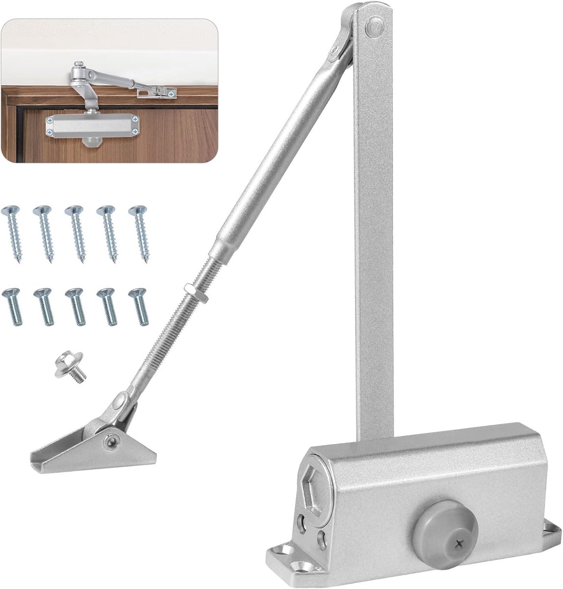 SnelShoppen - Automatische Hydraulische Deursluiter met Houder, Aluminium Veer, Verstelbare Automatische Vergrendeling voor Deuren 15-45 kg, Zilver