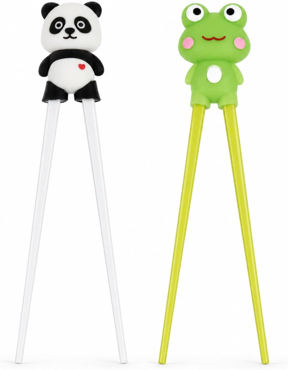 SnelShoppen - 2 Paar Eetstokjes voor Beginners met Panda en Kikkerdesign - Leren Houten Eetstokjes met Siliconen Houder - 22 cm Lange Set voor Sushi e