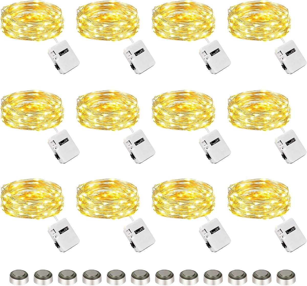 SnelShoppen - Led-lichtsnoer op batterijen, 12 stuks, 2 m, 20 warmwitte LEDs, mini-lichtketting voor binnen en buiten, decoratie voor feest, kerst, br