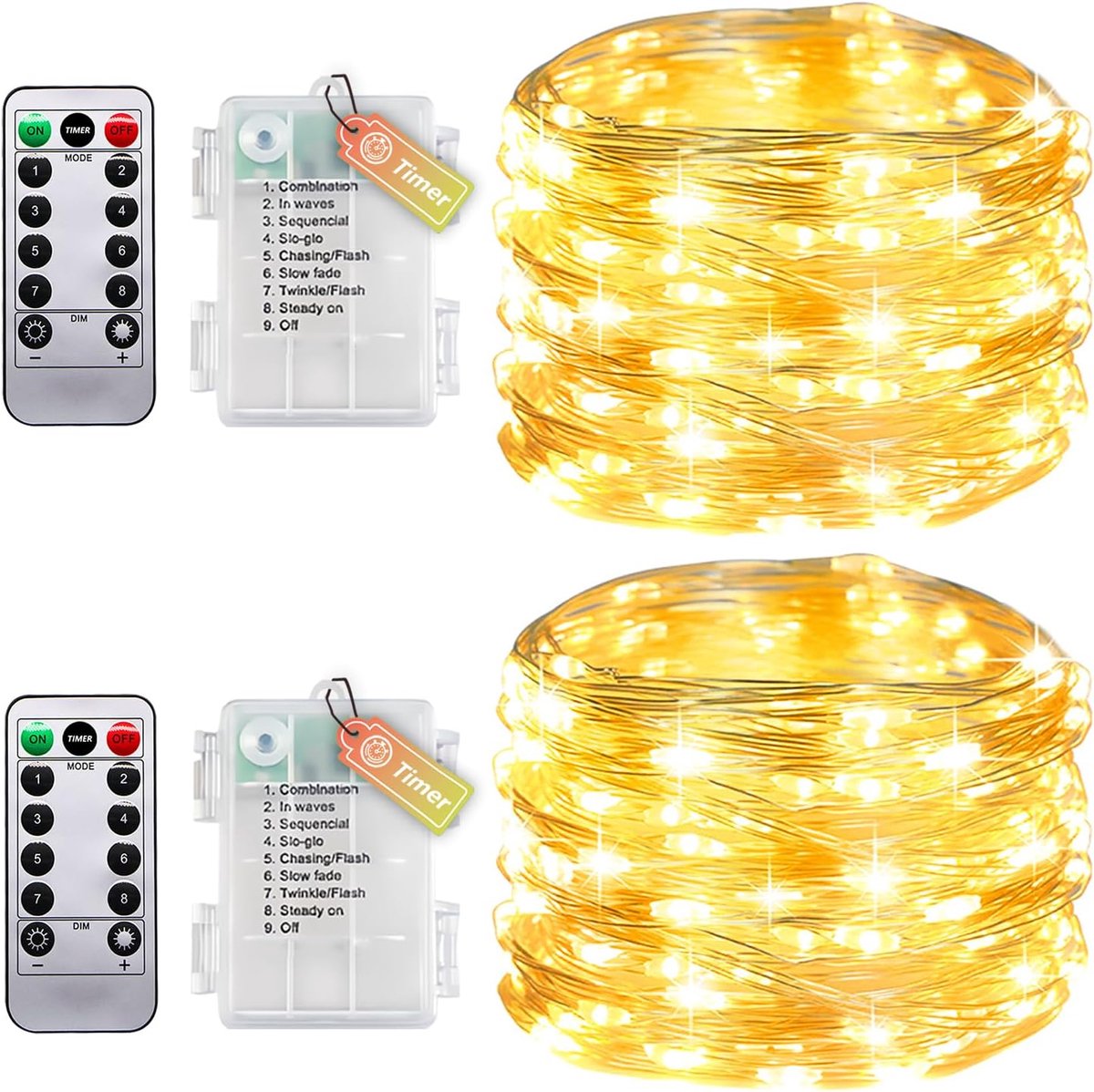 SnelShoppen - Set van 2 Fairy Lights met Timer en Afstandsbediening - 10 m, 100 LED - Waterdicht IP65 - Voor Binnen, Slaapkamer, Bruiloft, Kerst, Fees