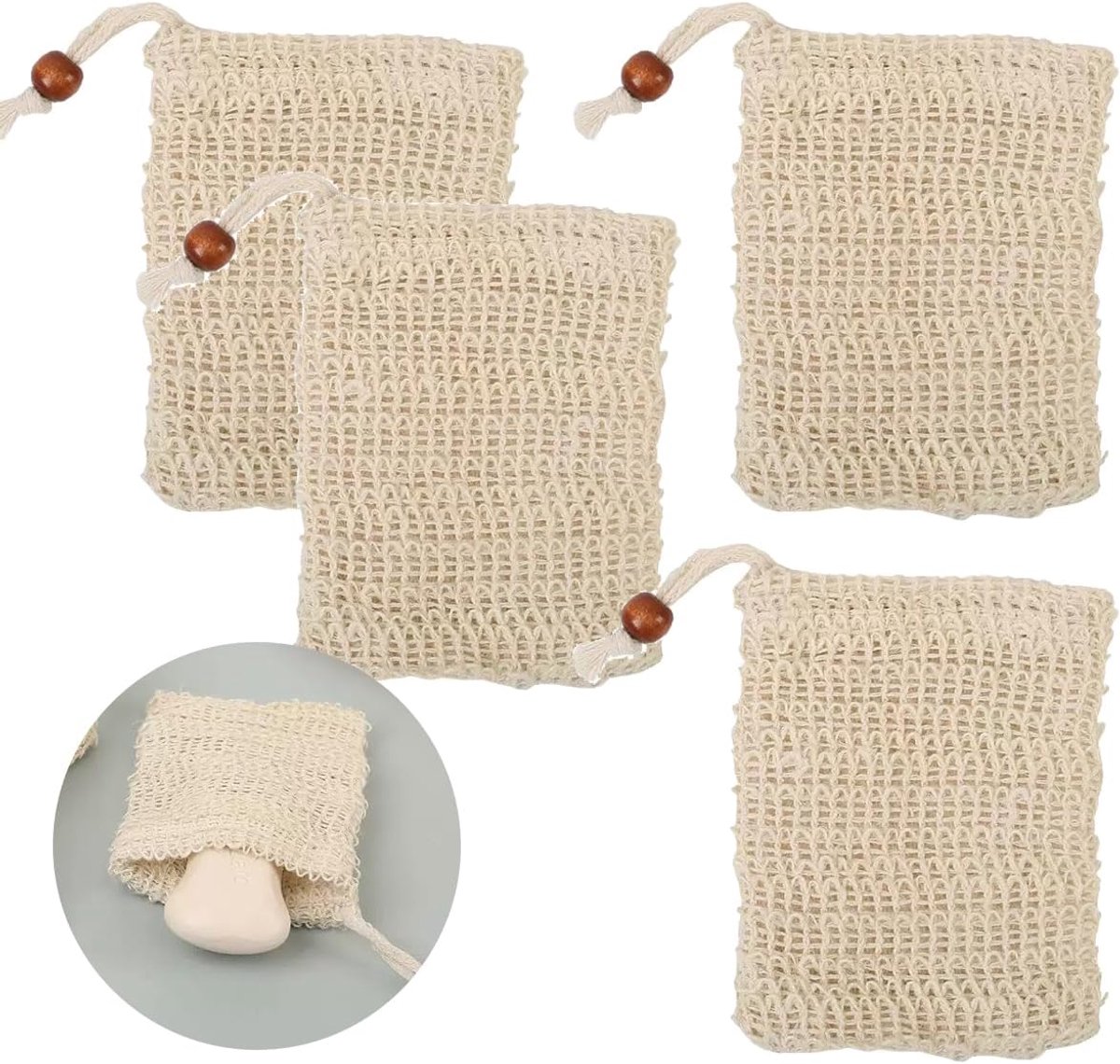 SnelShoppen - 4 Stuks Sisal Zeepzakjes met Verstelbare Trekkoord - Natuurlijke Zeepnetten voor Badkamer en Douche - Vezelvrije, Hygiënische, Milieuvri