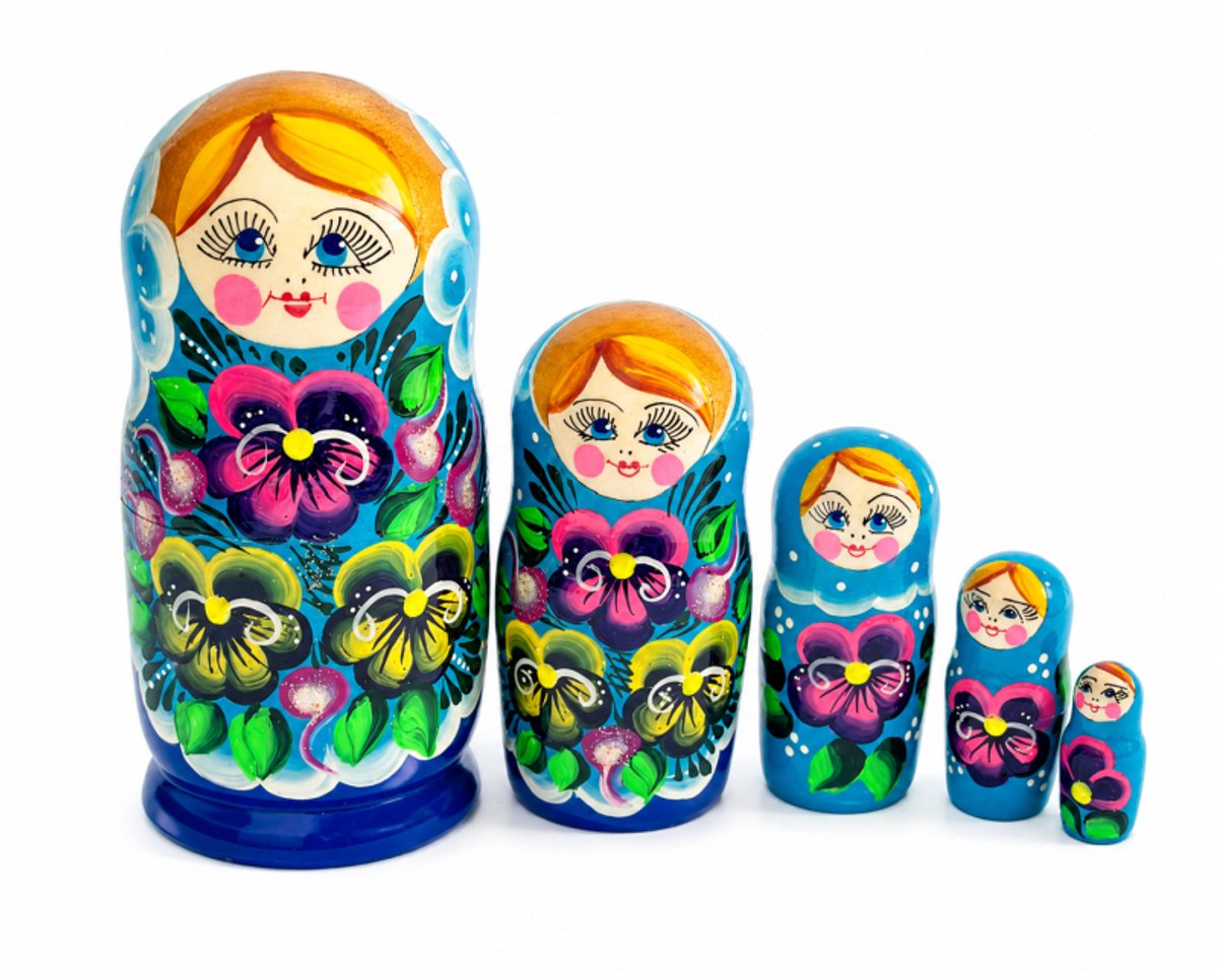 Houten Matroesjka poppen, Russische,babushka,15,5 cm hoog 5 delig handbeschilderd violen blauw