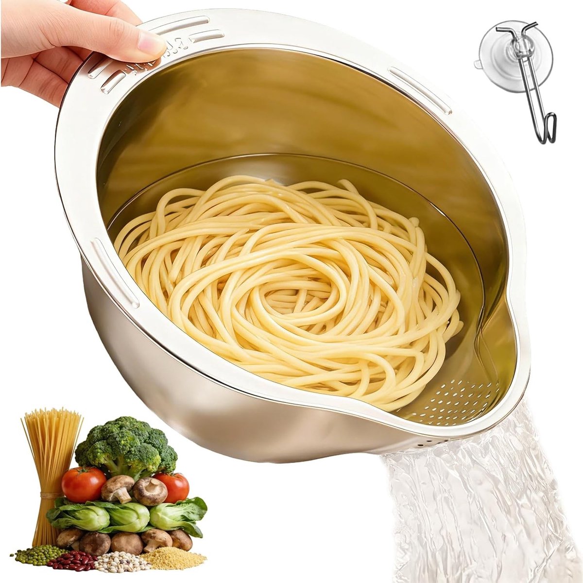 Rijstwaskom van roestvrij staal met hoge rand en zeeffunctie, ideaal voor rijst, pasta en fruit, diameter 24 cm