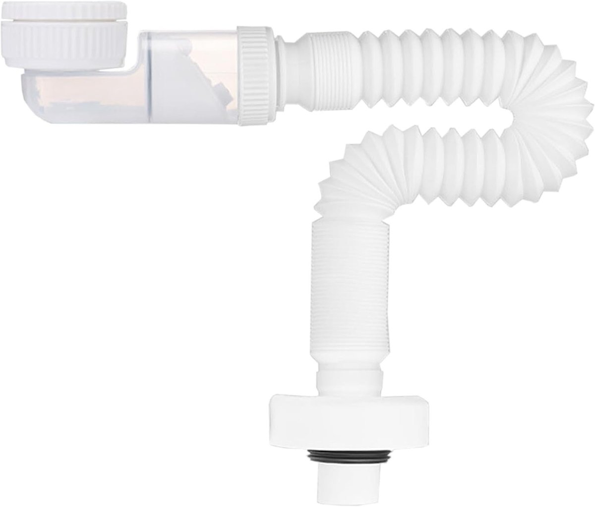 Ruimtebesparende witte flexibele sifon voor wastafel, 360° verstelbaar en geurdicht, geschikt voor keukengootsteen met uittrekbare afvoerslang van 380-930 mm, eenvoudig te installeren en onderhoudsvriendelijk