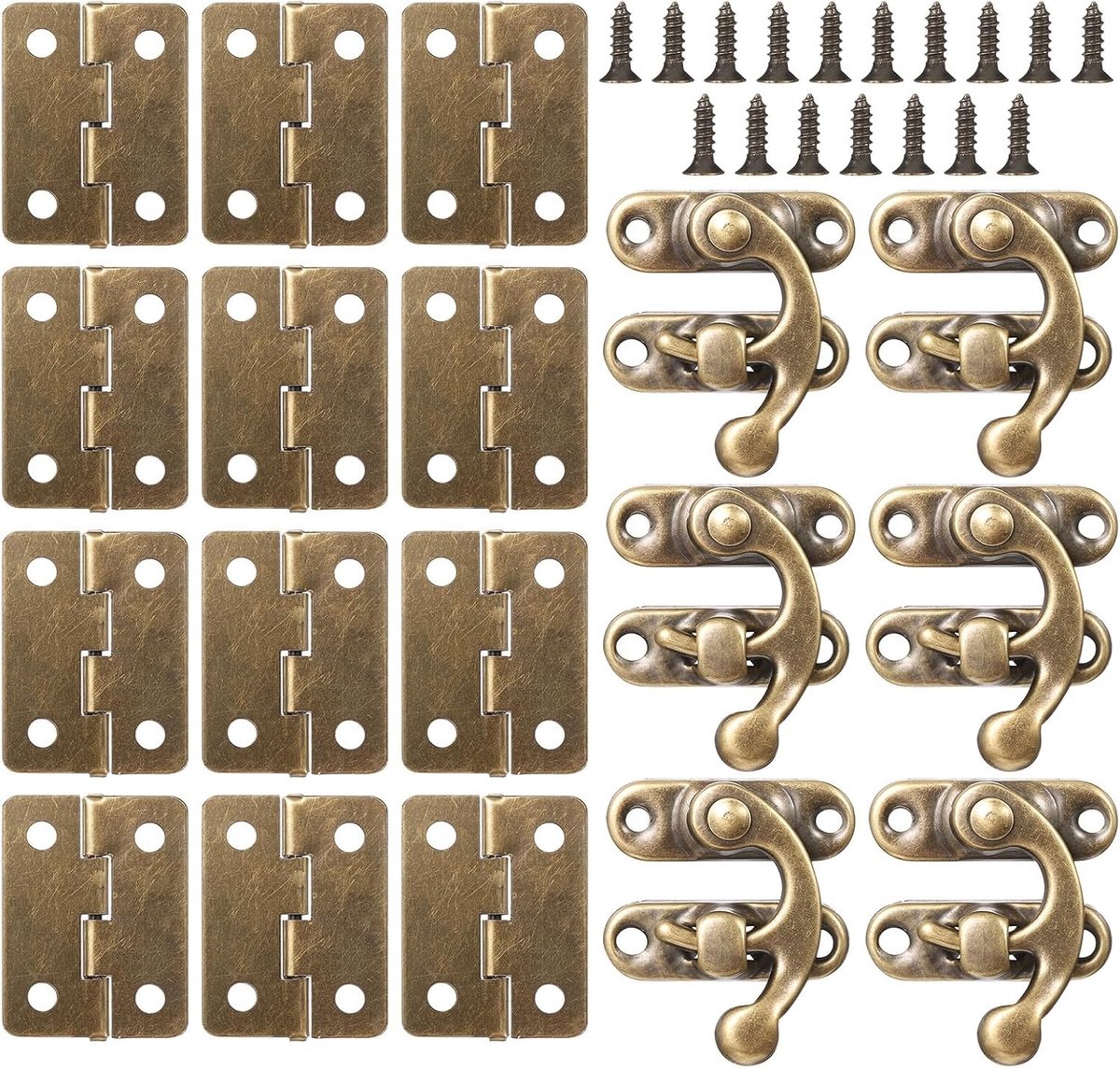 Antieke bronzen mini-scharnieren en grendelsluitingen set met 72 schroeven, perfect voor dozen, sieradenkistjes en ambachtelijke projecten