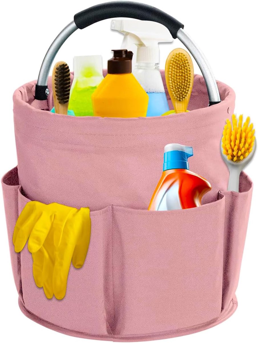 SnelShoppen - Cleaning Basket met Handvat, Waterdicht, Vouwbaar, Huishoudmand met 6 Compartimenten, voor Tuin, Badkamer, Binnen, Roze