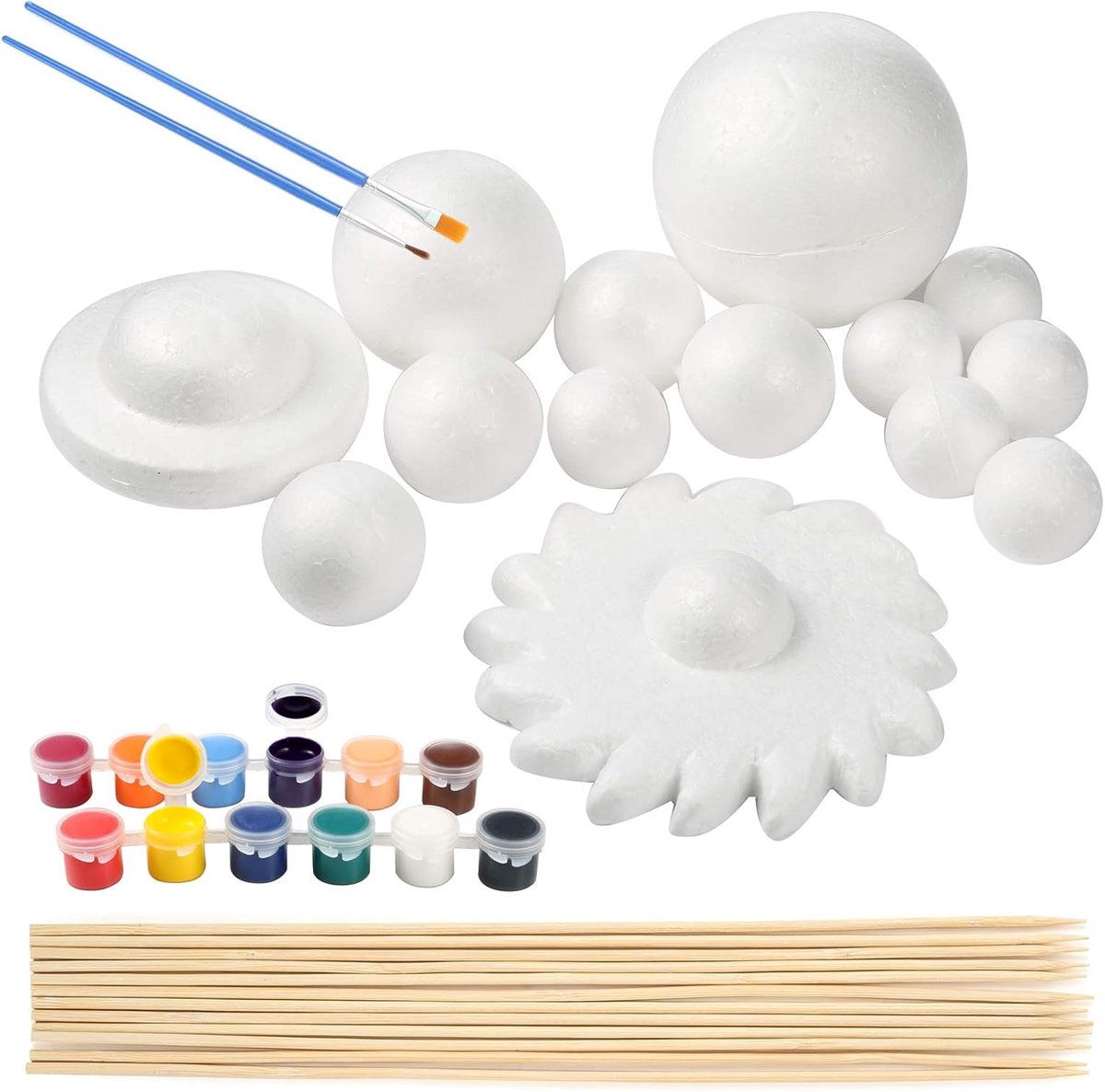 SnelShoppen - Complete Set voor Solar Systeem Model - 14 Polystyreen Foam Ballen, 12 Bamboestokken, 12 Kleurpigmenten, 2 Verfkwasten, Perfect voor Sch