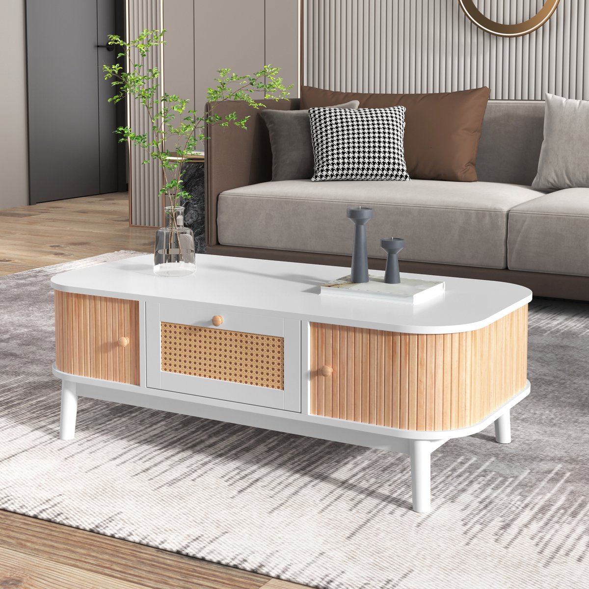COVREO Salontafel 110 x 55 x 38,5 cm - wit en houtkleur, met opbergruimte