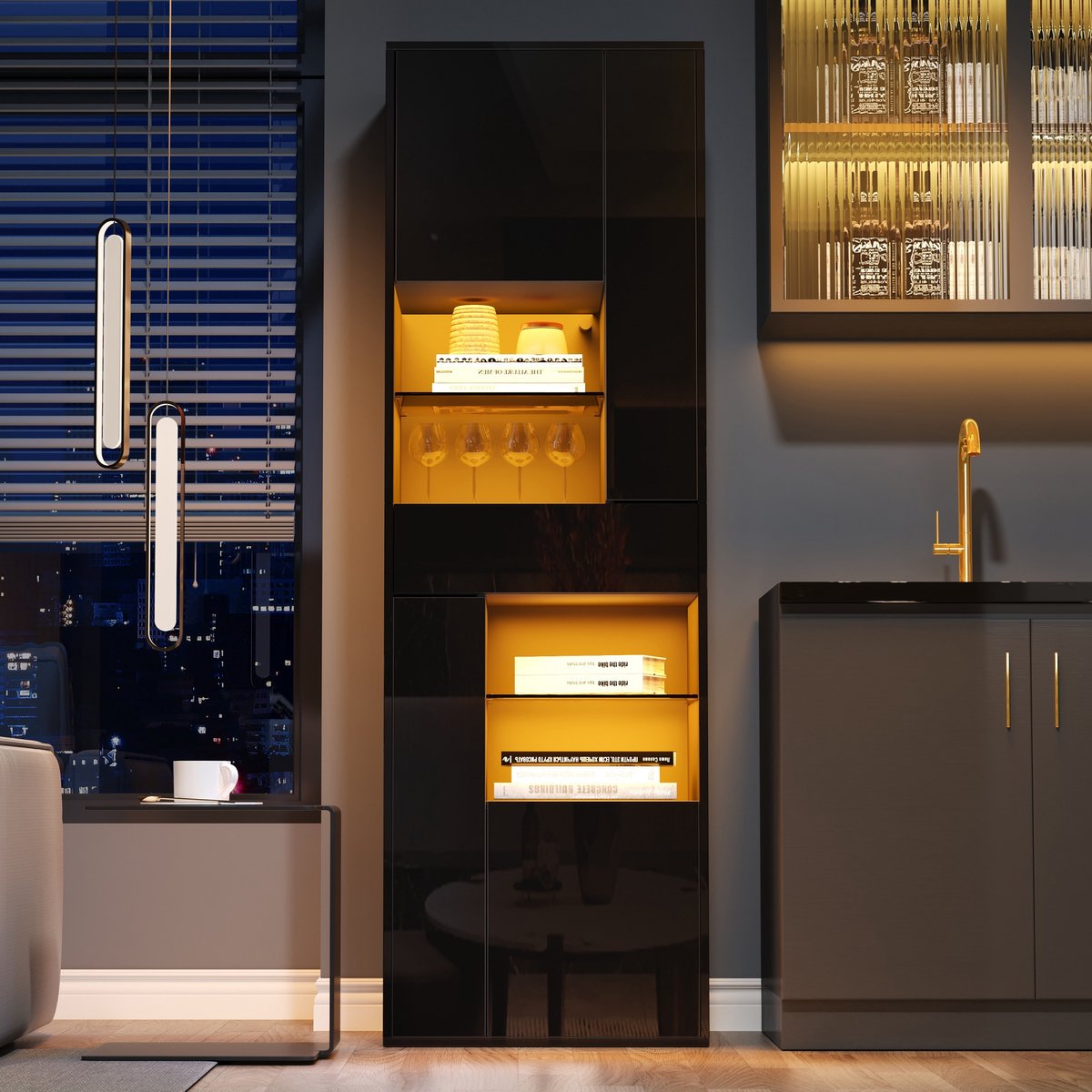 COVREO Vitrinekast 55 x 38 x 170 cm zwart met LED, 1 lade en 11 opbergvakken
