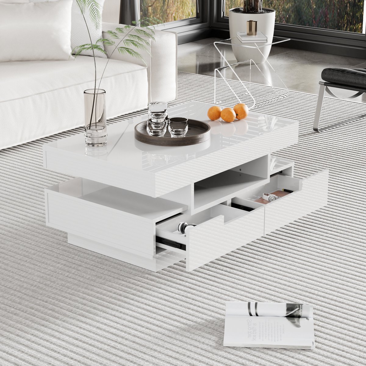 COVREO Salontafel 80 x 50 x 36 cm - hoogglans wit, LED-lichtstrip, 4 lades
