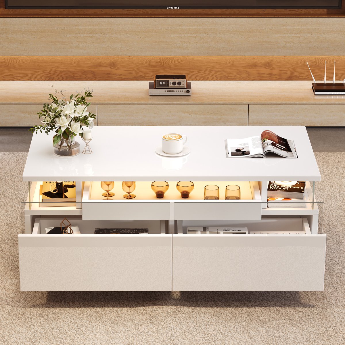 COVREO Salontafel 90 x 45 x 35,5 cm wit hoogglans met 2 lades en uitneembaar tray