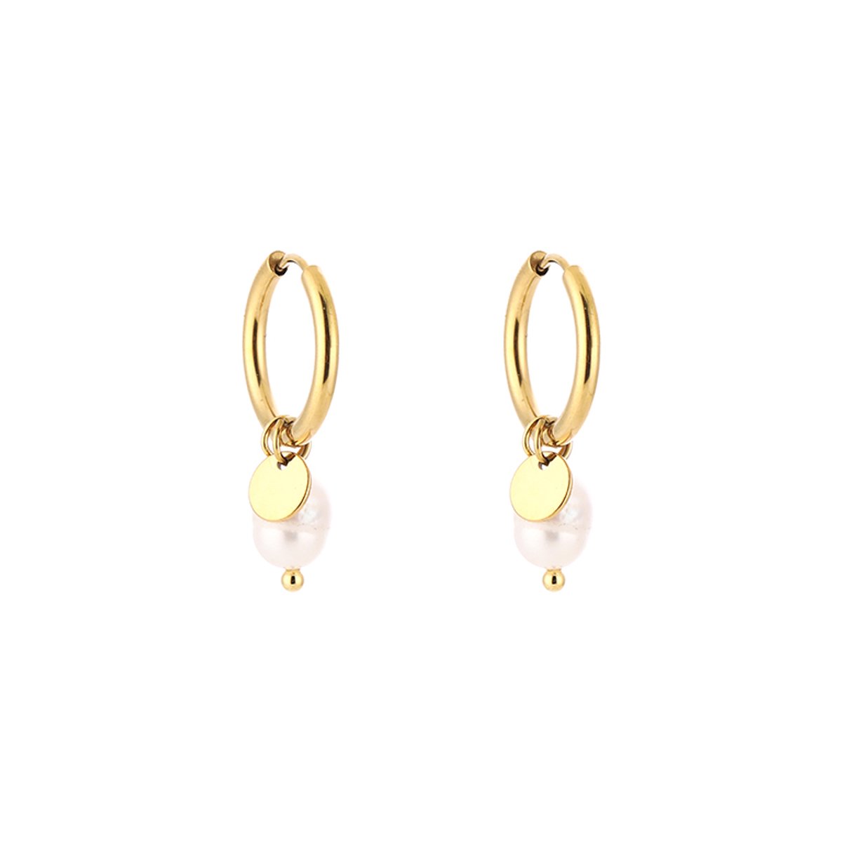 Stainless Steel Muntje en Parel Bedel Oorringen – Elegante & Klassieke Hoops – RVS - Goud