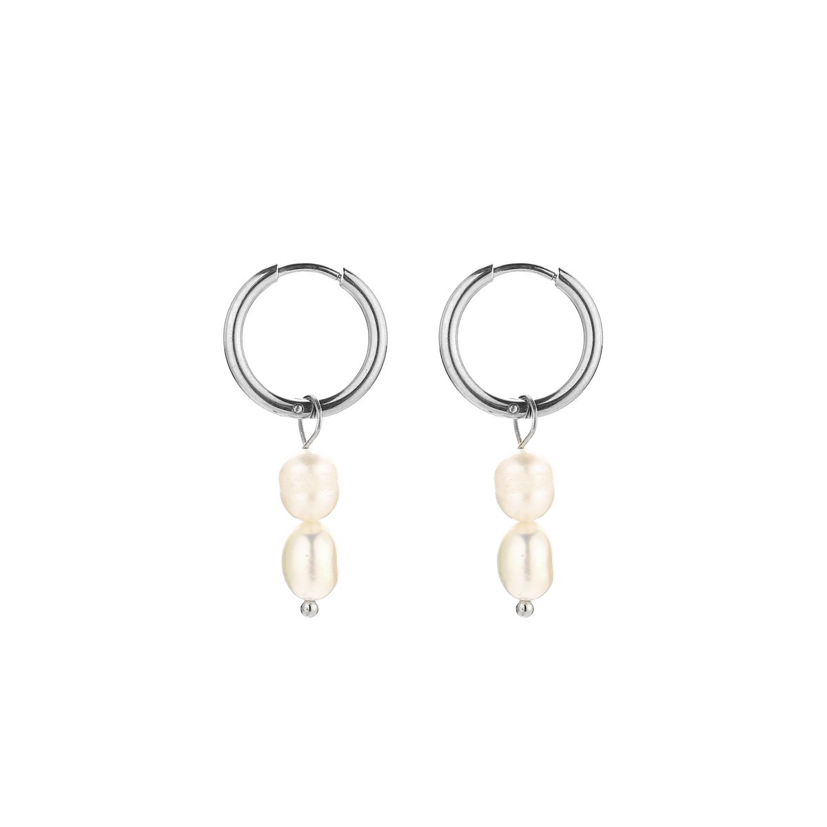 Stainless Steel Dubbele Parel Bedel Oorringen – Elegante & Barokke Hoops – RVS - Zilver