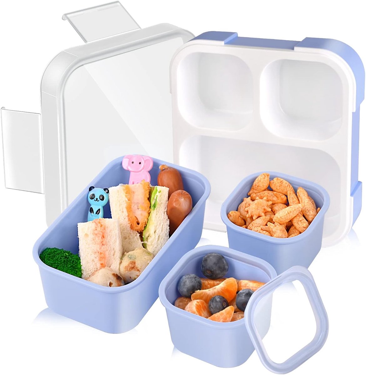 VHV - Lunchbox kind - Bento box kind - Lunchbox met vakjes - 3 vakken - Lekvrij - Vaatwasserbestendig - BPA-vrij - Voor school en kinderopvang - 17cm - Blauw