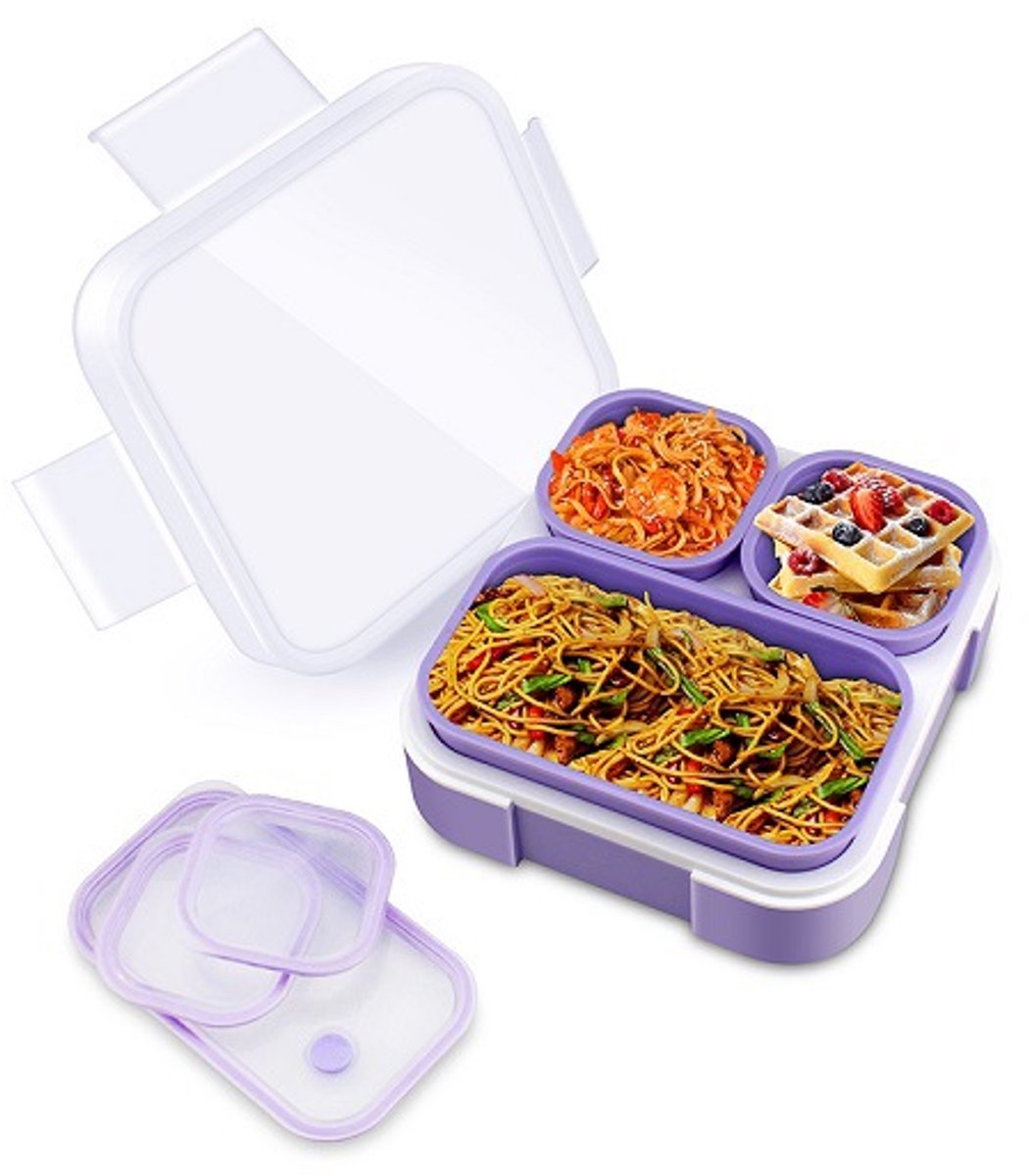 VHV - Lunchbox kind - Bento box kind - Lunchbox met vakjes - 3 vakken - Lekvrij - Vaatwasserbestendig - BPA-vrij - Voor school en kinderopvang - 17cm - Paars
