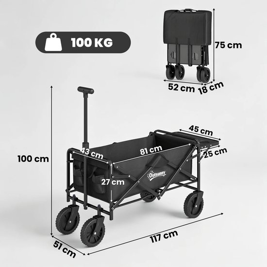 Emvae Bolderkar - Opvouwbare Bolderkar - Bolderwagen - 95L - 100 kg Draagvermogen - 117 x 51 x 100 cm - Staal/Oxford - Zwart — afbeelding 5