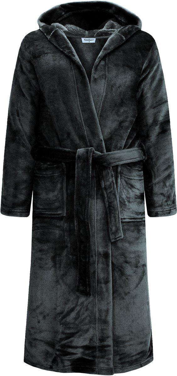 Unisex Badjas Extra Lang met Capuchon en Ceintuur - Ochtendjas - Superzacht Coral Fleece - Heren Dames - Zwart - Maat S/M - 8210-Black