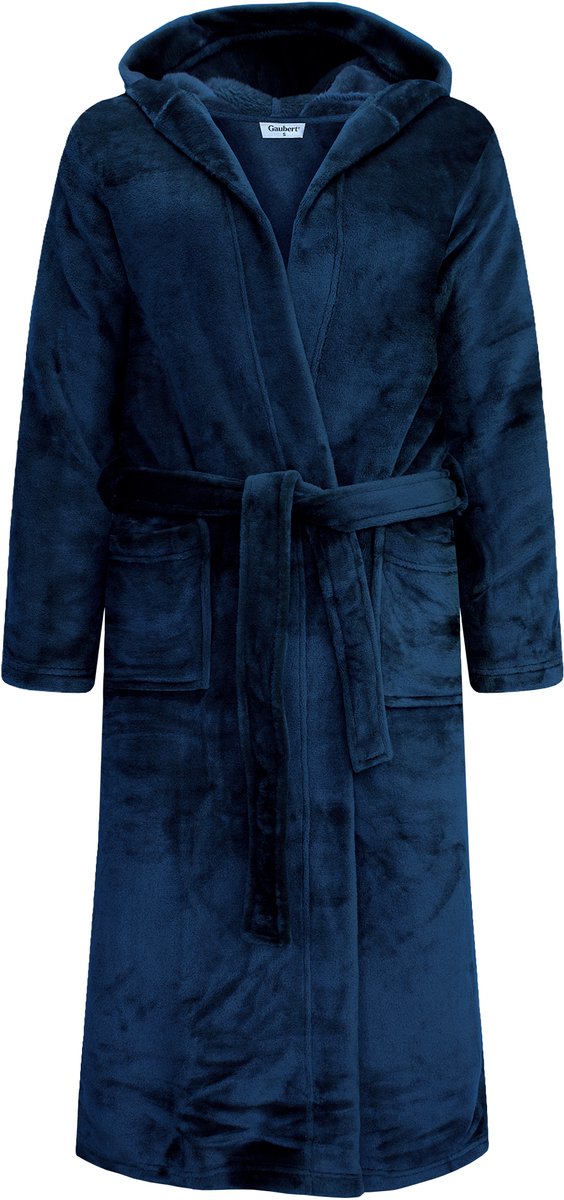 Unisex Badjas Extra Lang met Capuchon en Ceintuur - Ochtendjas - Superzacht Coral Fleece - Heren Dames - Donkerblauw - Maat XXL/3XL - 8210-Blue
