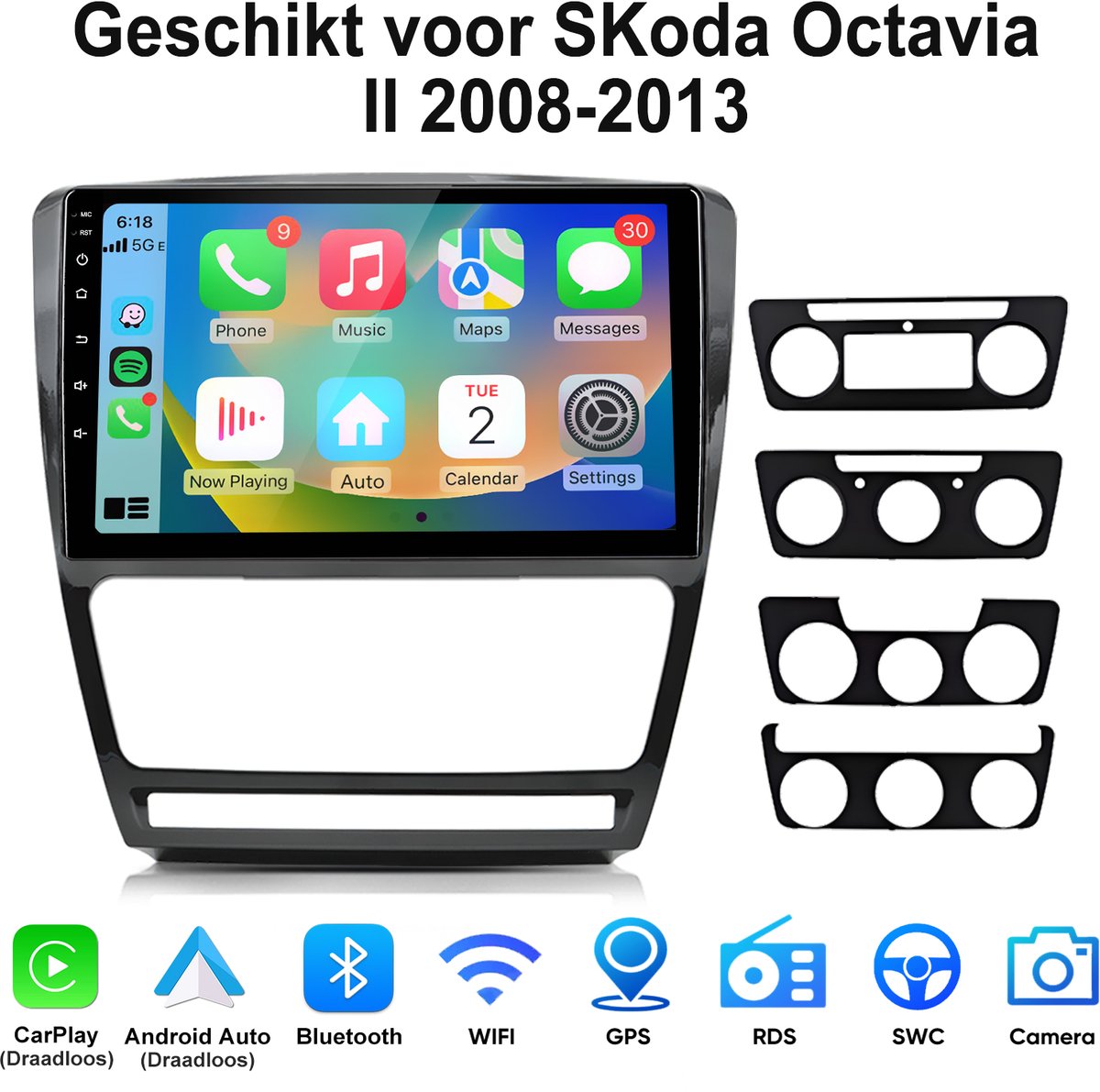 Junsun Android 15 Autoradio Geschikt voor SKoda Octavia II 2008-2013 - Draadloze CarPlay & Andriod Auto - GPS-navigatiesysteem - Blueooth - 10 inch Touchscreen - Stuurwielbediening - WiFi - RDS - USB