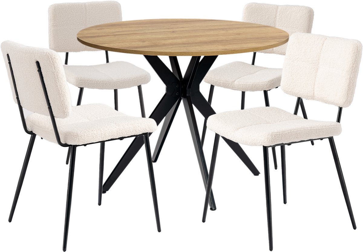 Eethoek - Ronde Eikenlook Tafel En 4 Bouclé Eetkamerstoelen - Beige