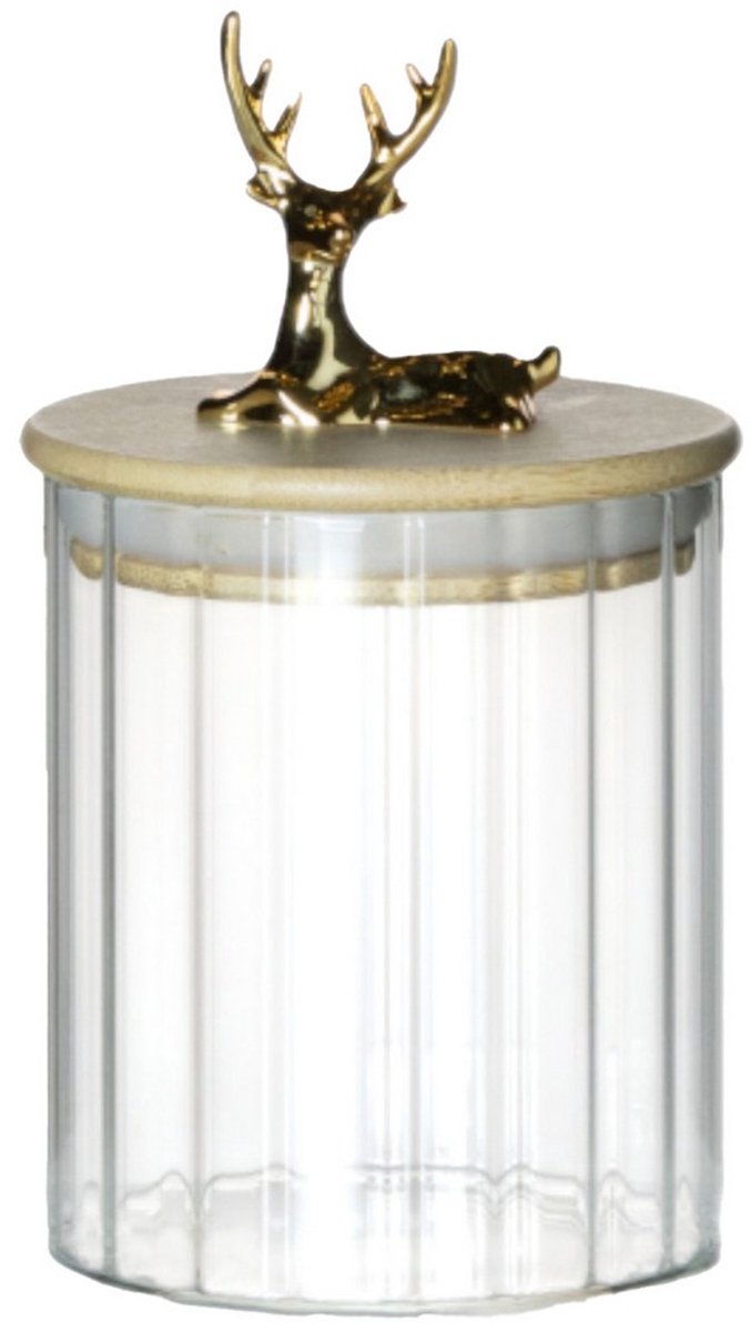 Canister Jar Glass Wooden lid Deer h10,5 d9