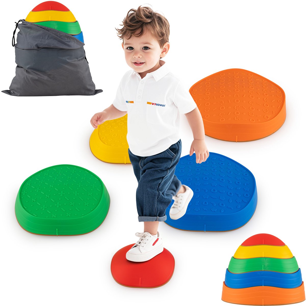 COSTWAY Set van 5 balanceerstenen voor kinderen, stapelstenen, antislip, met opbergtas, rivierstenen voor binnen en buiten, stepping stones, tot 80 kg belastbaar, treden vanaf 3 jaar