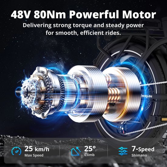 Hitway Elektrische Fiets BK6S Plus - 20*4.0 Inch Fat Tire City Commuter EBike met Afneembare 48V 25 Ah Lithium Batterij - Opvouwbaar Mountain E-Bike met 250W Motor - 7 Versnellingen - IP54 Waterdicht van Hitway — afbeelding 5
