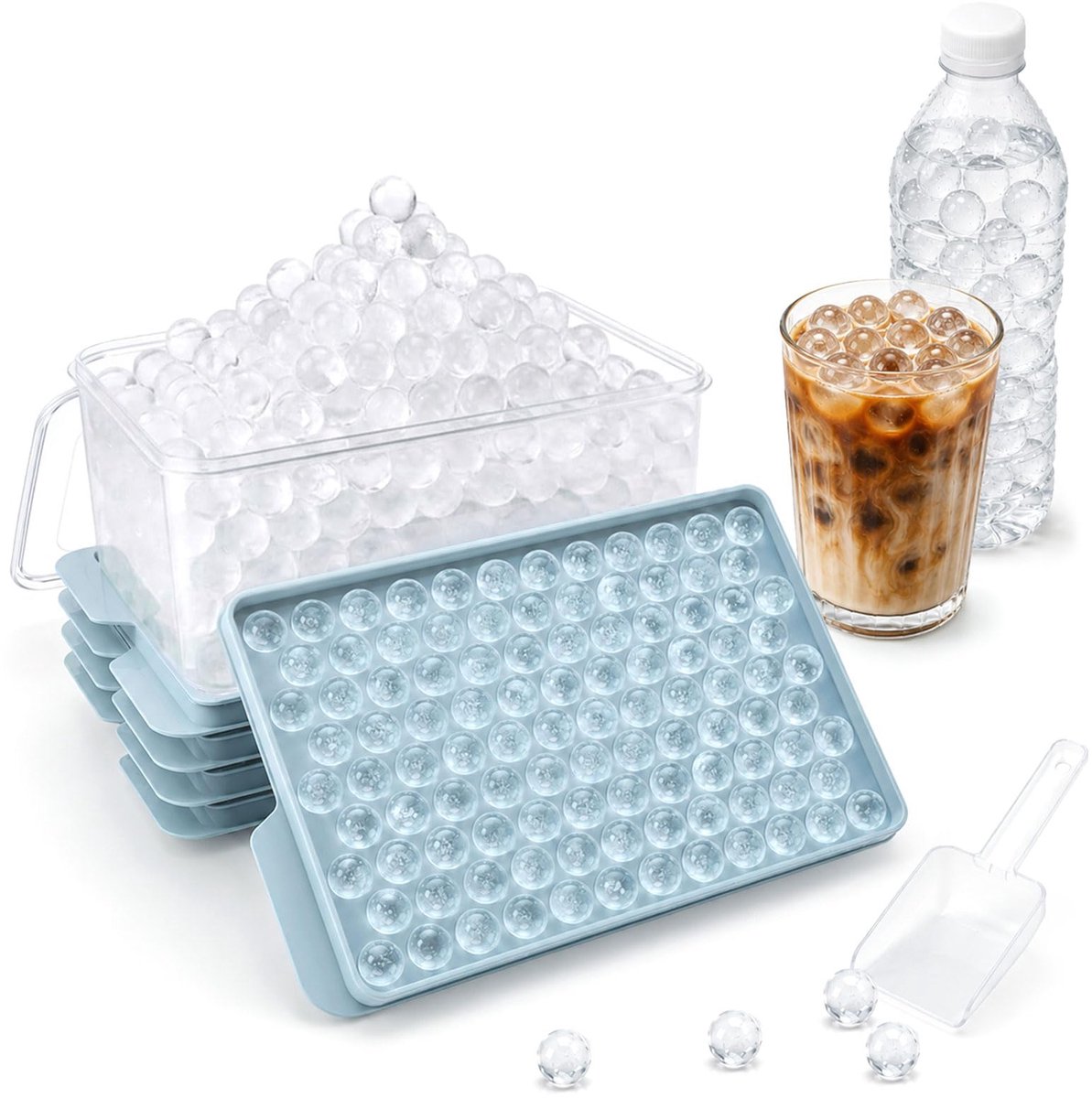 Ryoudavell - Mini Ijsblokjesvorm 4 Stuks - Siliconen Ijsblokjeshouder voor Kleine Ijsballen - Ijsblokjes Vorm Snelle Invriezing voor Ijskoffie - Stapelbaar met Deksel en Grote Bewaarbox met Ijslepel - Kleine Ijsblokjesvorm Rond - Blauw