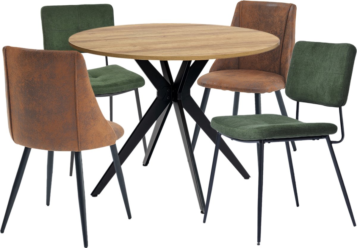 Eethoek - Ronde Eikenlook Tafel Met 4 Retro Mix Stoelen - Bruin/Groen