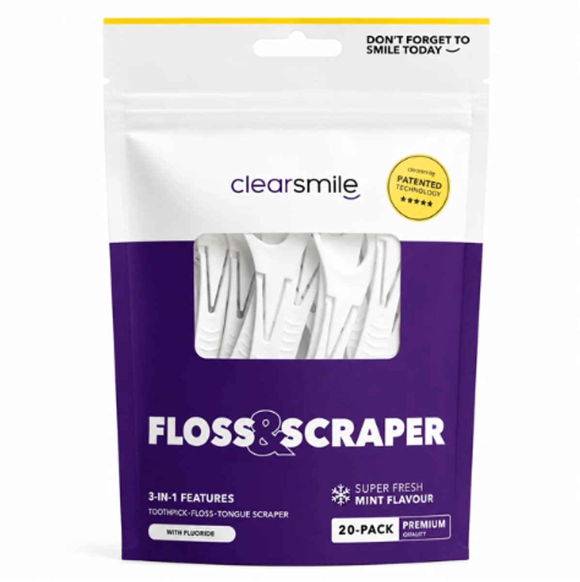 Clearsmile 3-in-1 Floss & Scraper Mint – 20 stuks – Floss & Tongreiniger