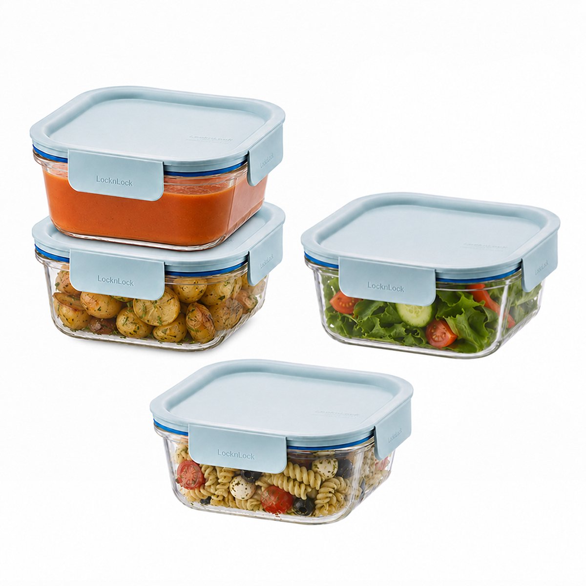 Lock&Lock Glazen Vershoudbakjes - Meal prep bakjes glas - Ovenschaaltjes met deksel - 750 ml - Mint deksel -Luchtdicht - BPA vrij - PFAS vrij - Airfryer bakjes - Bewaarbakjes - Vershoudbakjes glas - 1 persoons ovenschaal - Vierkant - Set van 4 stuks
