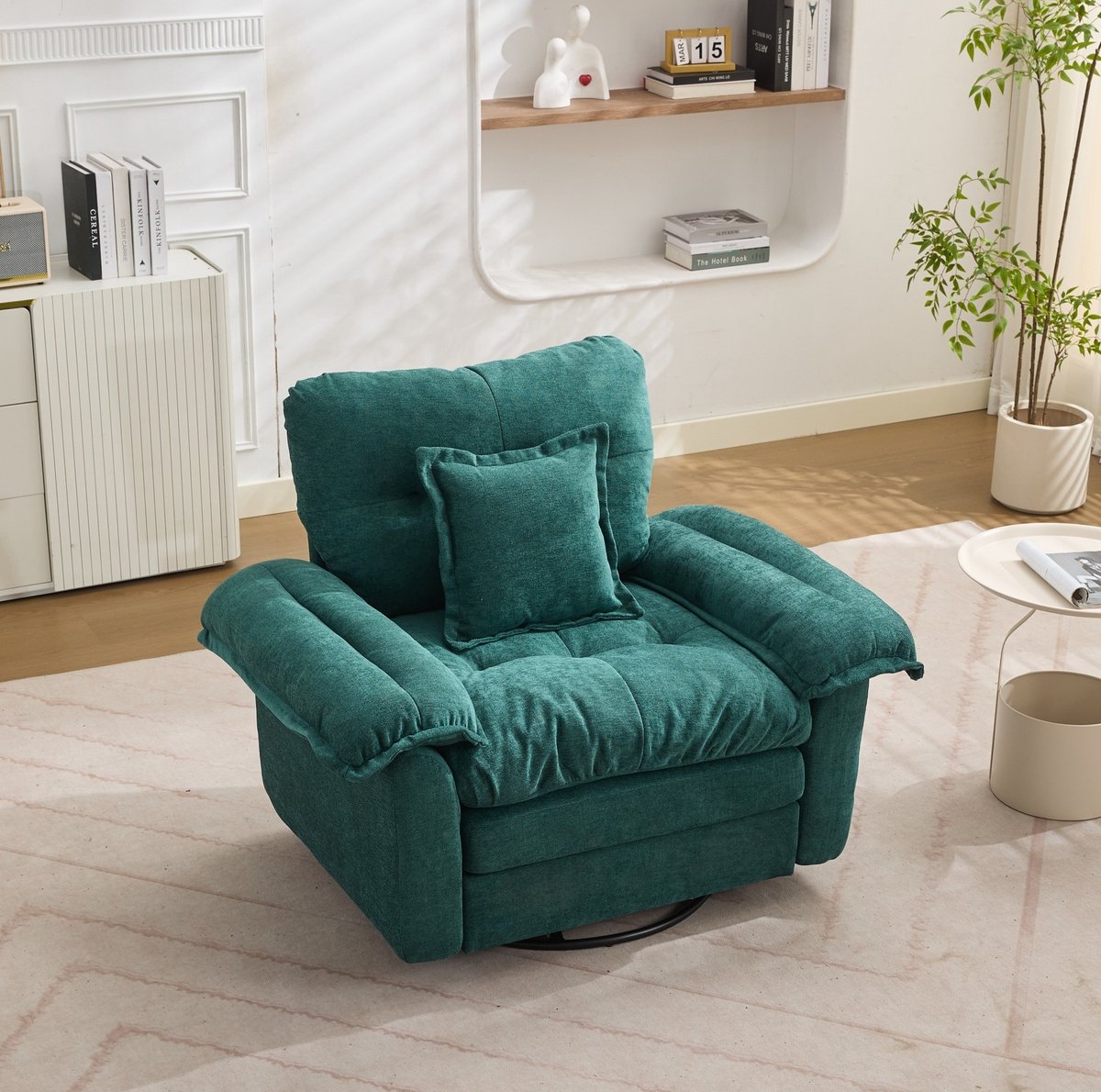 COVREO Fauteuil 116x84x96 cm - groen chenille, 360 graden draaibaar, met kussen