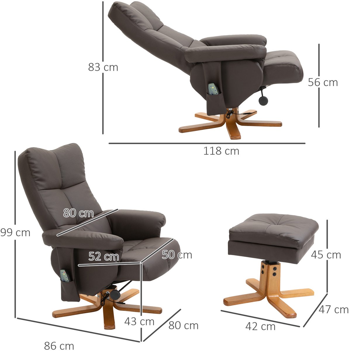 COVREO Massagestoel 80x86x99 cm – bruin kunstleer, met hocker en 145° verstelbare rugleuning – foto 5