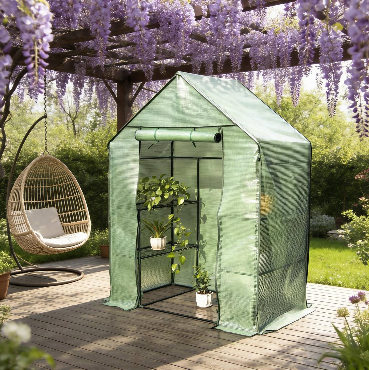 MIVRAY Tomatenkas – 143 x 215 x 195 cm – PE-Folie en Stalen Frame – Groen – Met Ritssluiting Voor Tuin en Kweek van Groenten